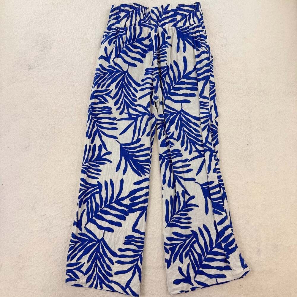 Happily Grey Blue Palm Leaf Wide Leg Linen-Blend Resort Pants Size Large - Picture 2 of 6